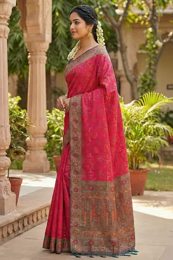 woven banarasi , kanjivaram silk blend saree pink & grey - stylish party wear