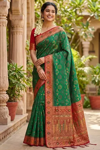 woven banarasi , kanjivaram silk blend saree green & red - authentic south indian wear
