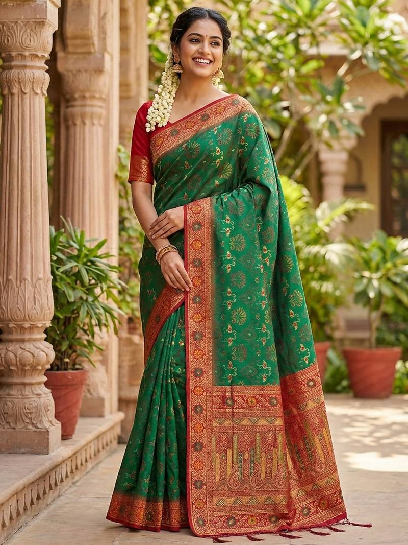 woven banarasi , kanjivaram silk blend saree green & red - authentic south indian wear