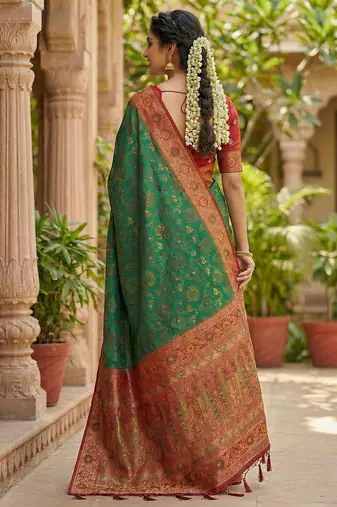 woven banarasi , kanjivaram silk blend saree green & red - authentic south indian wear