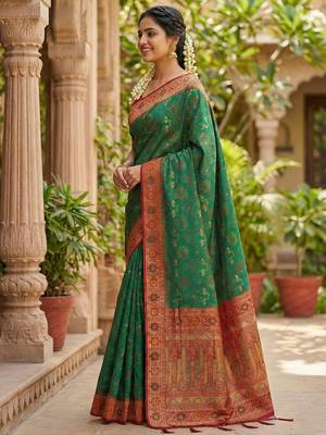 woven banarasi , kanjivaram silk blend saree green & red - authentic south indian wear 3
