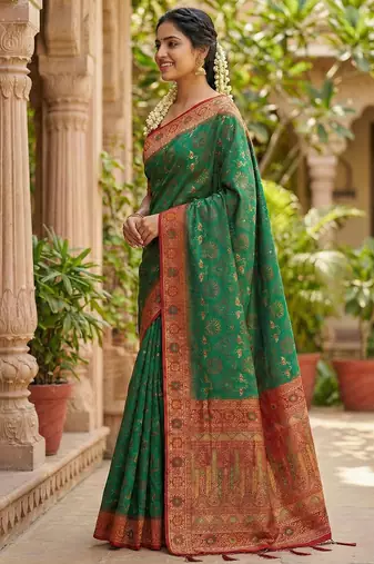 woven banarasi , kanjivaram silk blend saree green & red - authentic south indian wear