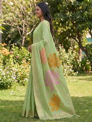 Women pista green & gold floral printed linen silk blend saree 2