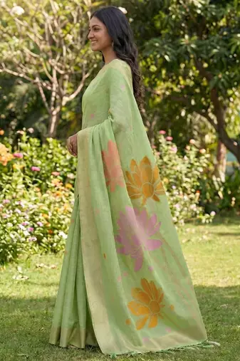 Women pista green & gold floral printed linen silk blend saree