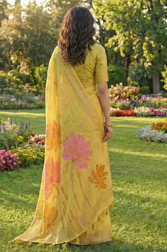 Women mustard yellow & pink floral printed linen silk blend saree
