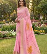 Women baby pink & orange floral printed linen silk blend saree