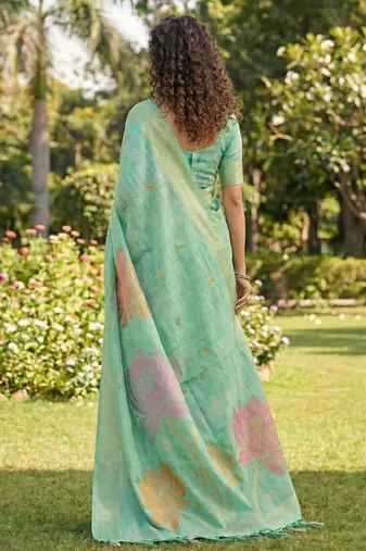 Women sea green & pink floral printed linen silk blend saree
