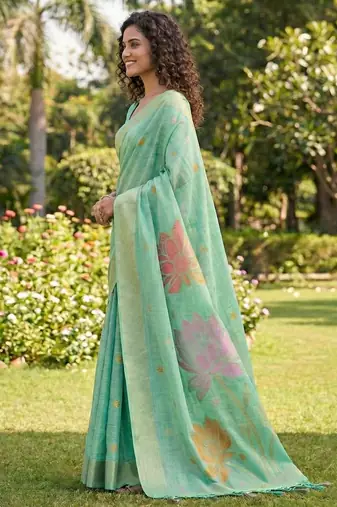 Women sea green & pink floral printed linen silk blend saree