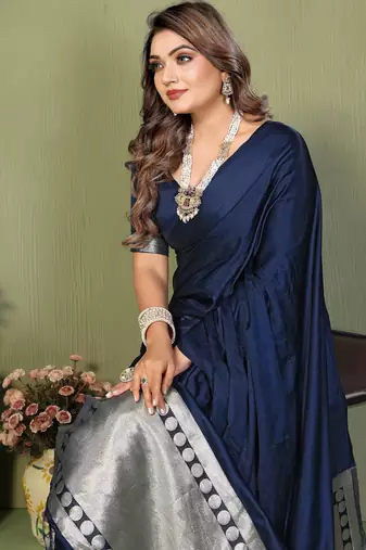 Navy Blue Color Hand Dyed With Zari Woven Satin Silk Saree