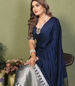 Navy Blue Color Hand Dyed With Zari Woven Satin Silk Saree