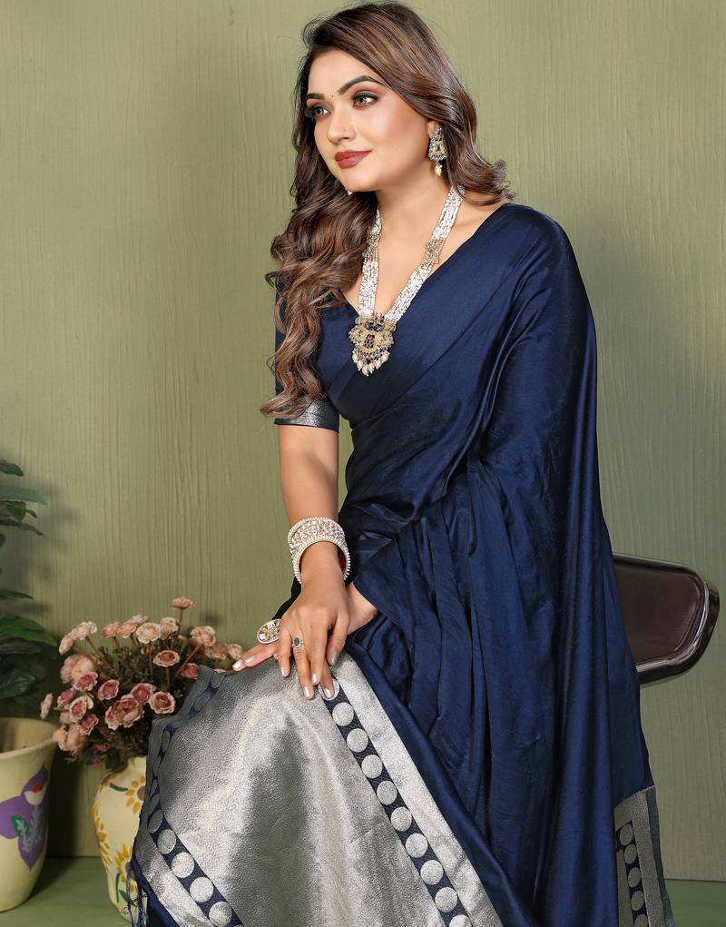 Navy Blue Color Hand Dyed With Zari Woven Satin Silk Saree