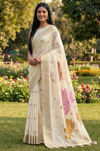 Women off-white & pink floral printed linen silk blend saree