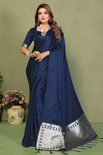 Navy Blue Color Hand Dyed With Zari Woven Satin Silk Saree