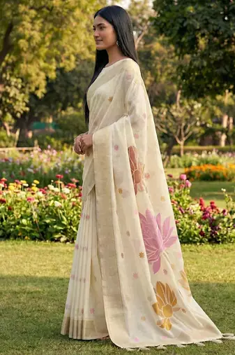 Women off-white & pink floral printed linen silk blend saree