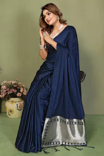 Navy Blue Color Hand Dyed With Zari Woven Satin Silk Saree