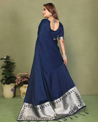 Navy Blue Color Hand Dyed With Zari Woven Satin Silk Saree 4