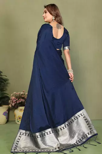Navy Blue Color Hand Dyed With Zari Woven Satin Silk Saree
