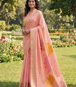 Women peach & yellow floral printed linen silk blend saree
