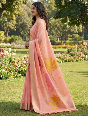 Women peach & yellow floral printed linen silk blend saree 2