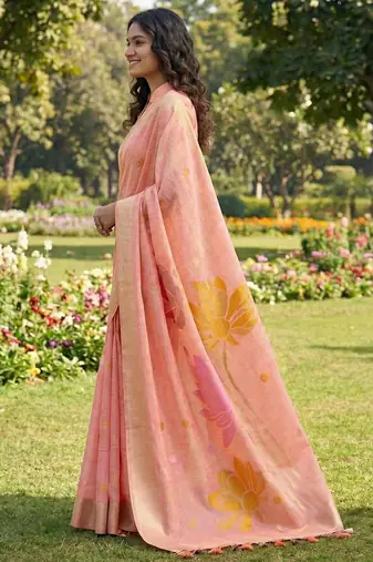 Women peach & yellow floral printed linen silk blend saree
