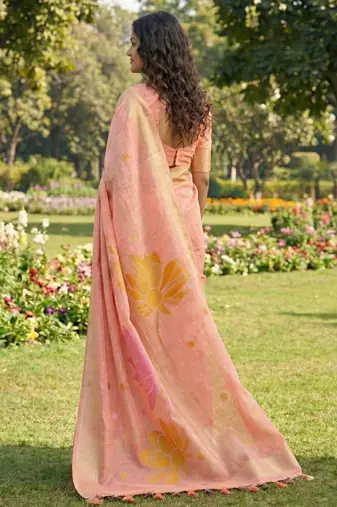 Women peach & yellow floral printed linen silk blend saree