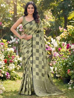 Women olive green & black checkered linen blend saree with floral pallu 1