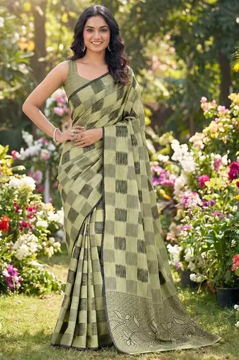 Women olive green & black checkered linen blend saree with floral pallu