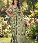 Women olive green & black checkered linen blend saree with floral pallu