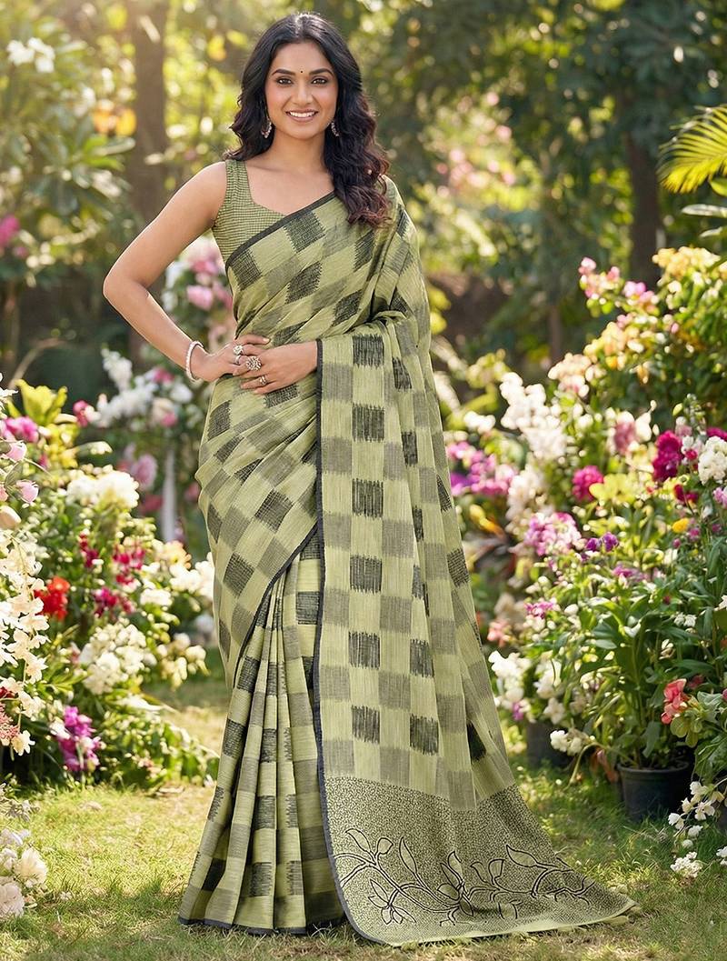 Women olive green & black checkered linen blend saree with floral pallu