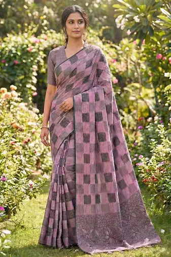 Women mauve & black checkered linen blend saree with floral pallu