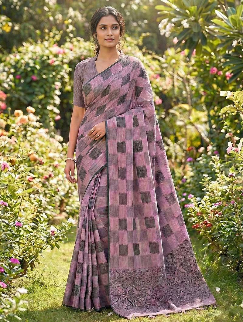 Women mauve & black checkered linen blend saree with floral pallu