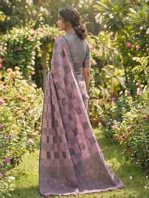 Women mauve & black checkered linen blend saree with floral pallu 2