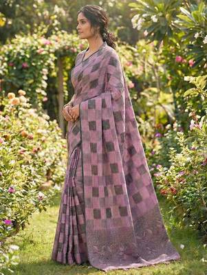 Women mauve & black checkered linen blend saree with floral pallu 3