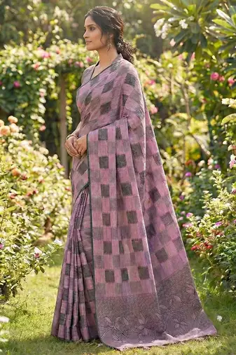 Women mauve & black checkered linen blend saree with floral pallu