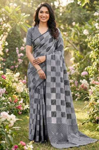 Women grey & black checkered linen blend saree with floral pallu