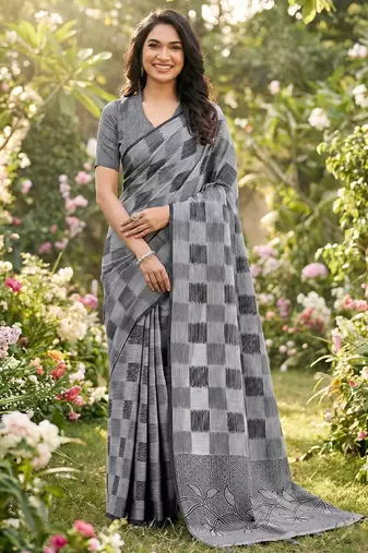 Women grey & black checkered linen blend saree with floral pallu