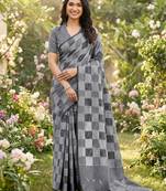 Women grey & black checkered linen blend saree with floral pallu