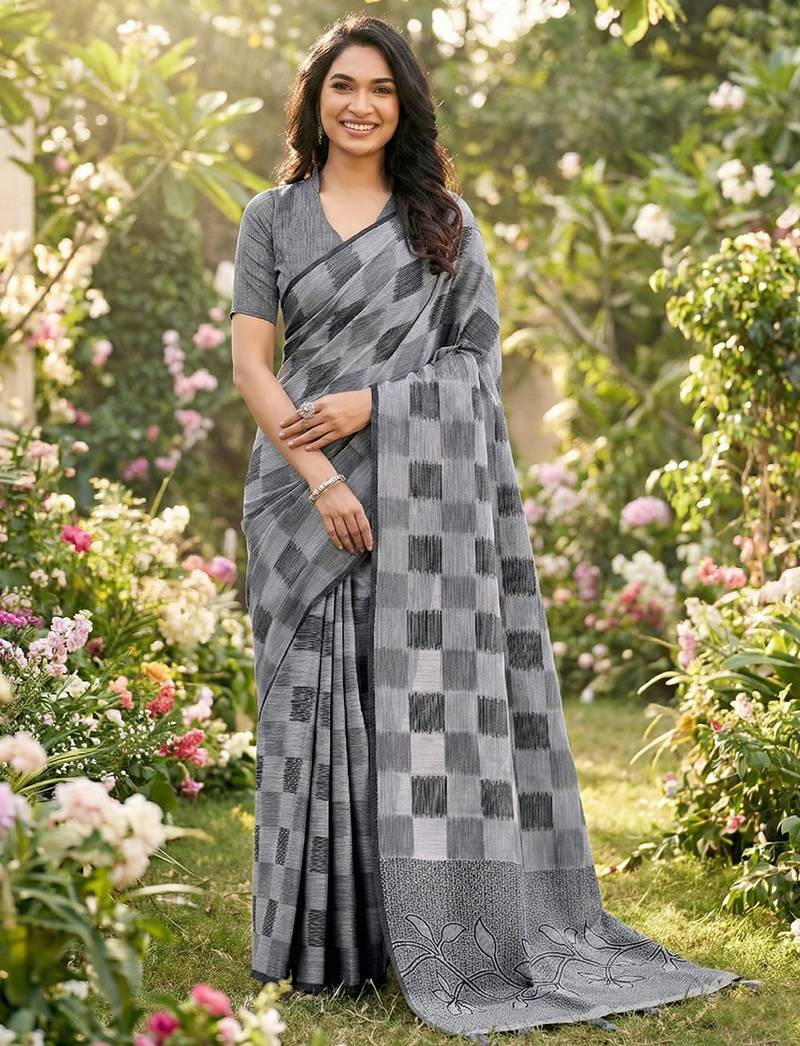Women grey & black checkered linen blend saree with floral pallu