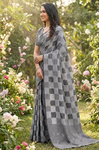 Women grey & black checkered linen blend saree with floral pallu