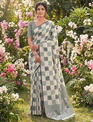 Women off-white & blue checkered linen blend saree with floral pallu 1