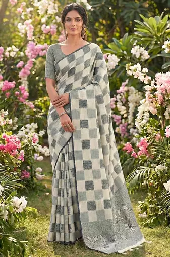 Women off-white & blue checkered linen blend saree with floral pallu