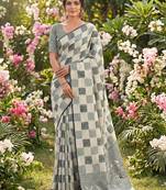 Women off-white & blue checkered linen blend saree with floral pallu