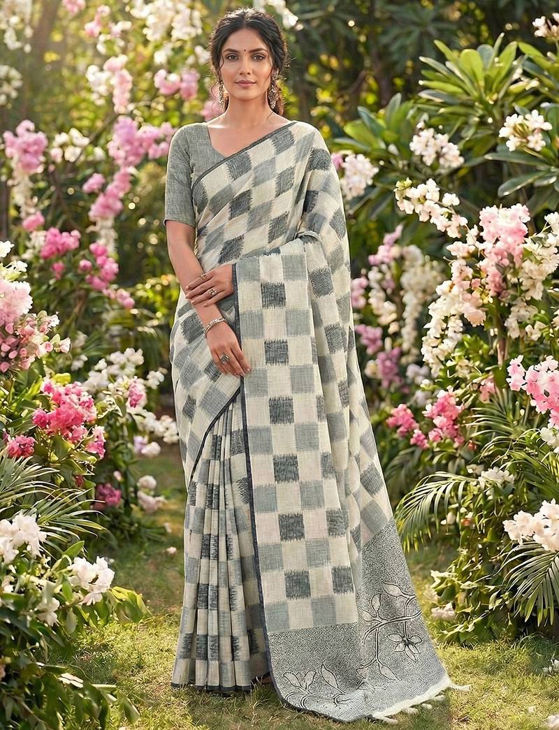 Women off-white & blue checkered linen blend saree with floral pallu