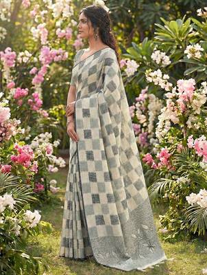 Women off-white & blue checkered linen blend saree with floral pallu 2
