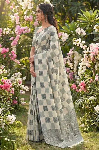 Women off-white & blue checkered linen blend saree with floral pallu