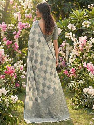 Women off-white & blue checkered linen blend saree with floral pallu 3