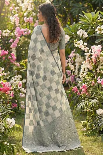 Women off-white & blue checkered linen blend saree with floral pallu