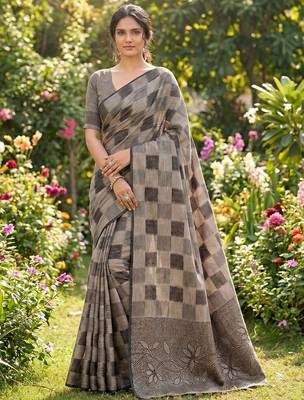 Women taupe & black checkered linen blend saree with floral pallu 1