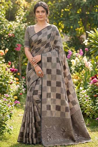 Women taupe & black checkered linen blend saree with floral pallu