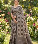 Women taupe & black checkered linen blend saree with floral pallu